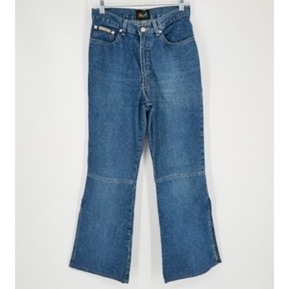 ActionWest Vintage High Waisted Wide Leg Blue Jeans Side Slit 100% Cotton Size 6